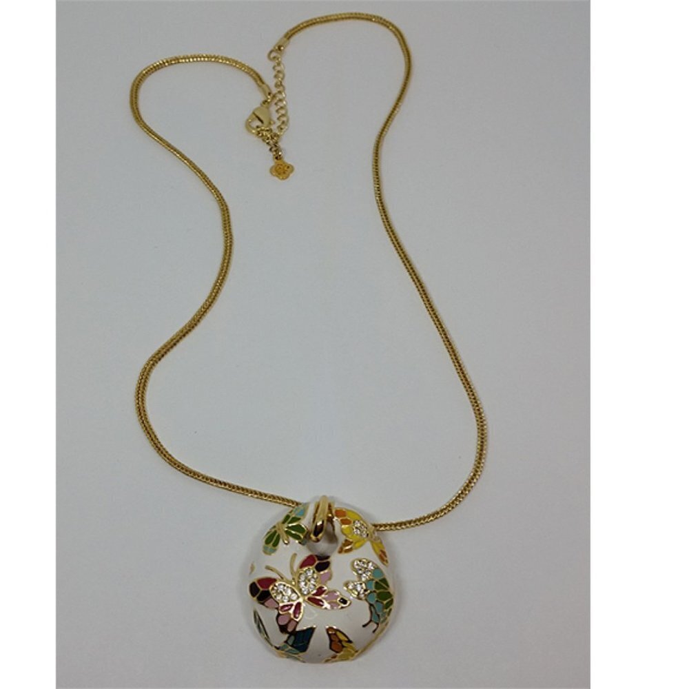 GOLD tone chain cloisonne style butterfly rhinestone pendant necklace signed.